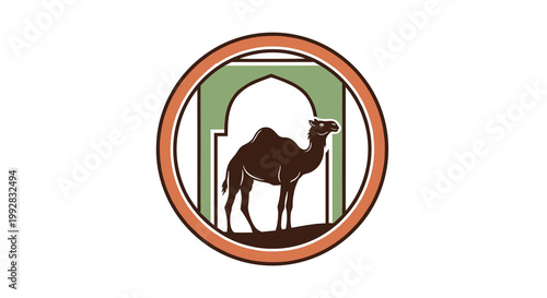 A dark brown camel stands inside a circular frame with a green archway background and an outer orange ring.
