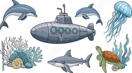 Underwater Illustration Set with Submarine, Dolphin, Shark, Turtle, Jellyfish, Coral, and Marine Life Elements for Ocean Design, Sea Exploration, and Kids Graphics