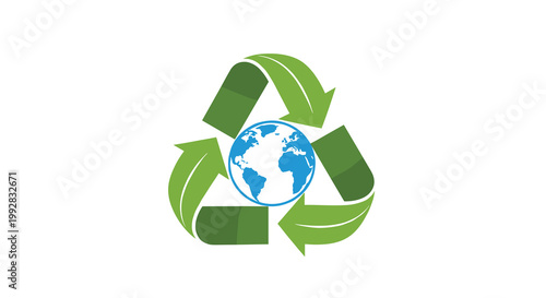 A stylized green recycling symbol with three arrows surrounds a blue globe centrally placed against a pristine white background.