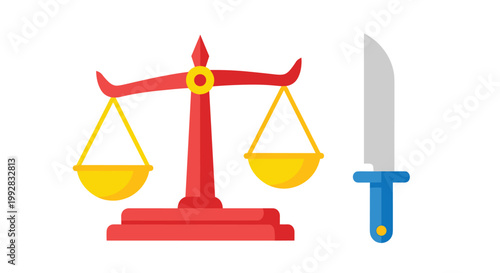 A simple flat illustration presents a red balance scale with yellow pans next to a grey knife with a blue handle.