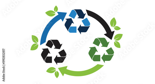 Three recycling symbols in blue black and green accented with leaves form a circular arrangement on a white background.