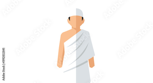A flat design illustration depicts a faceless man standing dressed in white ihram garments with a subtle internal shadow on a white background.