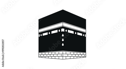 A minimalist black and white icon of the Kaaba featuring a solid black cuboid with white bands and a brick-patterned base is centered on a white background.