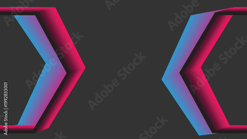 Abstract neon arrow shapes facing each other with pink to blue gradient glowing effect on dark background symmetrical vector design