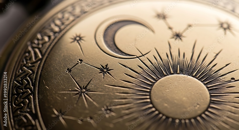 Fototapeta premium Close-up of an antique celestial disc with sun and moon symbols.