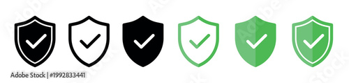 Shield icons with check mark approved secure access protection success safety cyber security concept green black style antivirus firewall vector design isolated elements set