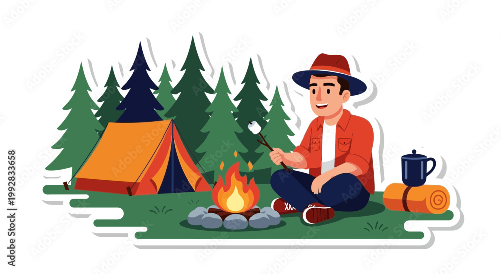 Fototapeta premium Flat design vector illustration of camping lifestyle adventure with person near tent under forest trees enjoying warm evening light
