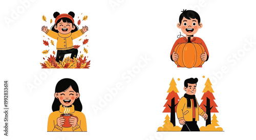 Flat design vector illustration of autumn celebration characters enjoying fall season lifestyle activities in warm outdoor light