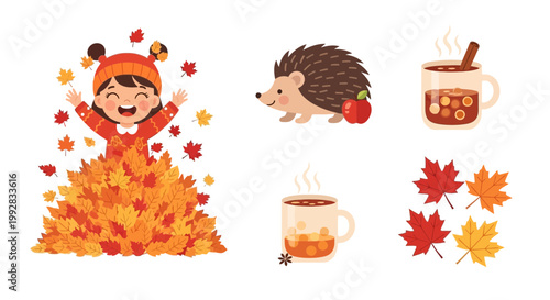Flat design vector illustration of autumn leaves falling around a warm beverage mug symbolizing cozy lifestyle and seasonal harvest mood
