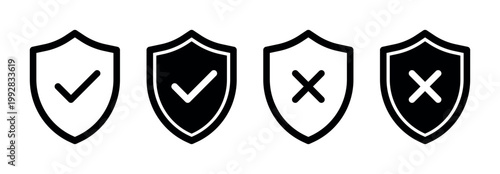 shield security icons set protection symbols check mark cross lock safe approval denial cyber defense verification secure badge collection vector ui design elements black color variants isolated packs