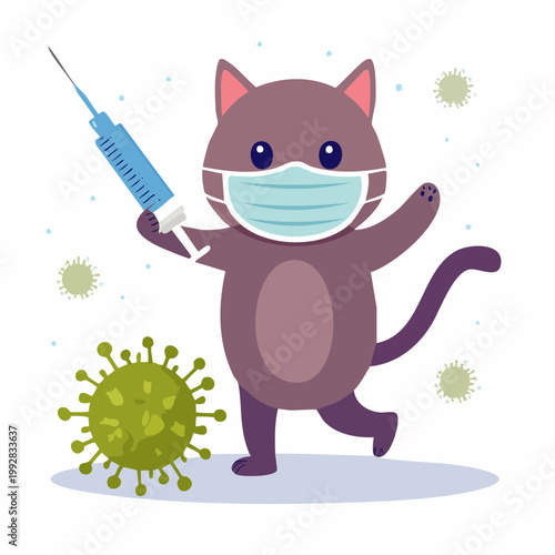 Cartoon Cat with Syringe and Mask Fighting Coronavirus