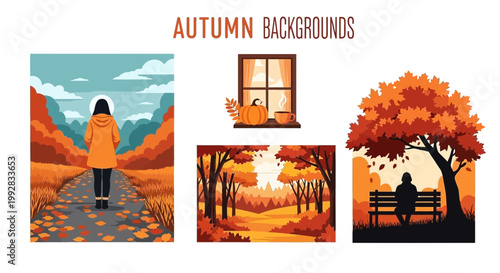 Flat design vector illustration of autumn season landscape featuring vibrant fall foliage and cozy outdoor lifestyle elements