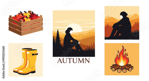 Flat design vector illustration of autumn season lifestyle with warm fall colors and cozy outdoor activities