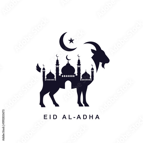 Eid Al-Adha Celebration with Goat and Mosque Silhouette