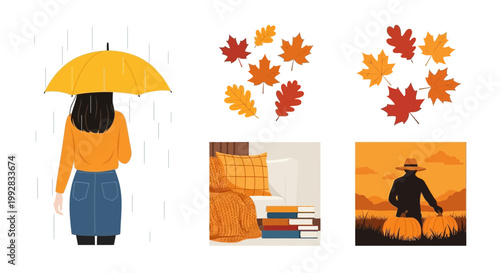 Flat design vector illustration of autumn season lifestyle elements featuring falling leaves and cozy outdoor themes on a transparent background