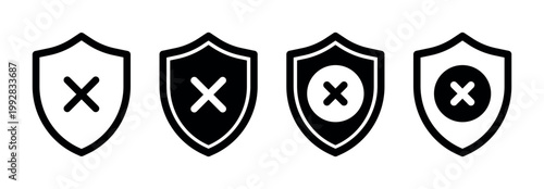 black shield icons set protection symbols cross mark denial error reject unsafe warning cyber security defense badge collection vector ui design elements monochrome solid outline variants pack