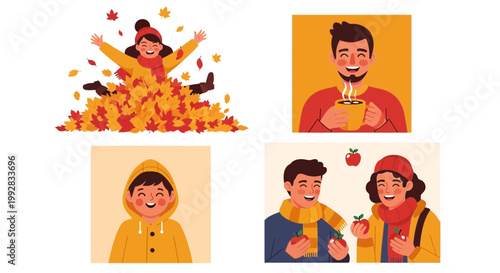 Flat design vector illustration of happy people enjoying autumn season lifestyle activities with warm sunlight