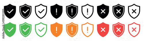 shield status icons set check warning error security protection safe alert risk approved forbidden symbol cybersecurity vector collection flat modern design