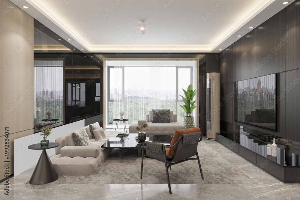 Fototapeta premium Modern Luxury Living Room Interior with Warm Tones and Natural Light