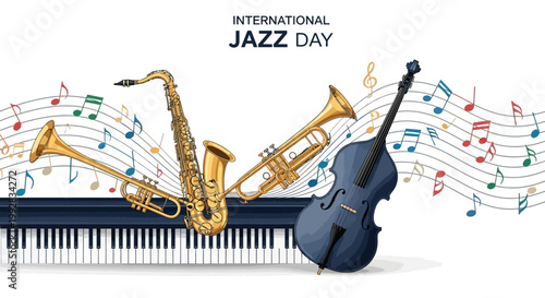 Vibrantly-colored illustration celebrating International Jazz Day presents a saxophone, trumpet, and cello arranged across piano keys with musical notes floating in the air against a white