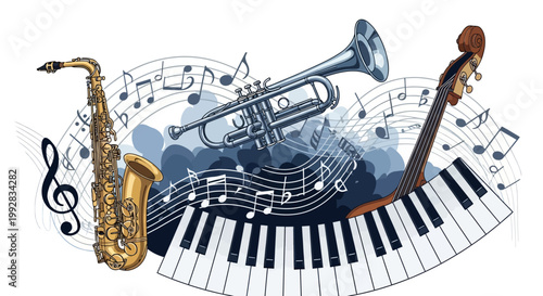 Illustrated musical instruments including a saxophone, trumpet, piano keys, and a bass are arranged with music notes in a dynamic composition against a white background, conveying a lively