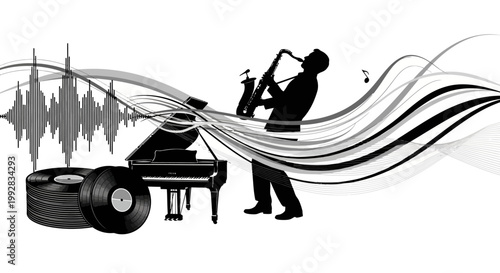 Silhouette of a jazz musician playing a saxophone beside a piano and vinyl records with sound waves, against a white background with grayscale tones, creating an artistic and rhythmic