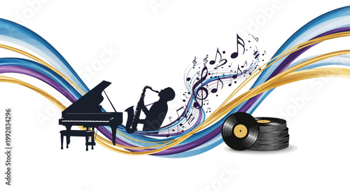 Silhouette of a saxophonist performing with a piano and vinyl records against a white background adorned with flowing blue and gold lines and musical notes, creating a vibrant, artistic