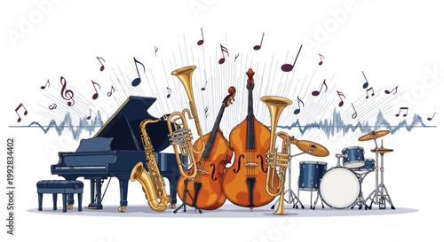 Musical instruments including a piano, saxophone, and drums are illustrated in a colorful and vibrant style with scattered music notes against a plain white background, evoking a lively