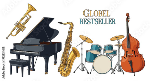 Illustration featuring a grand piano, saxophone, trumpet, drums, and a double bass arranged in a row against a white background, creating a vibrant musical composition with warm, inviting