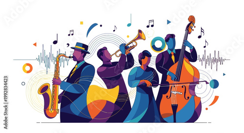 A quartet of jazz musicians are depicted in a vibrant, stylized illustration, playing a saxophone, trumpet, and bass, with notes floating around them against a clean white background