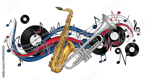 Illustration of a golden saxophone and silver trumpet surrounded by flowing red and blue lines, vinyl records, and music notes, creating a vibrant and dynamic musical composition