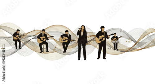 A female vocalist in a suit stands out with a microphone, surrounded by guitarists in a musical performance, set against a white background with elegant, flowing abstract waves in neutral