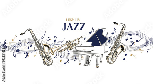 Elegant vintage-style vector illustration featuring a grand piano, trumpet, and two saxophones, surrounded by swirling musical notes and waves, set against a clean white background