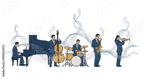 Illustration of a jazz band performing on a white background with flowing graphic elements, showcasing a pianist, bassist, drummer, saxophonist, and trumpeter in a vibrant and lively