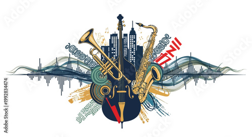 A vibrant jazz-themed graphic illustration showcases a double bass, trumpet, and saxophone layered over a stylized cityscape against a white backdrop, creating a dynamic and rhythmic