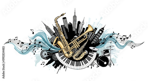 Detailed illustration featuring a saxophone, trumpet, and piano keys arranged with a skyline backdrop and music notes, rendered in a vintage style against a clean white background