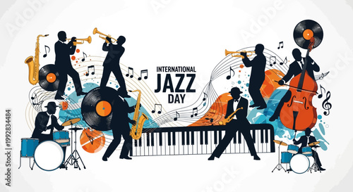 Silhouetted jazz musicians play instruments, including saxophone, trumpet, and drums, during an International Jazz Day celebration against a white background with musical notes and piano