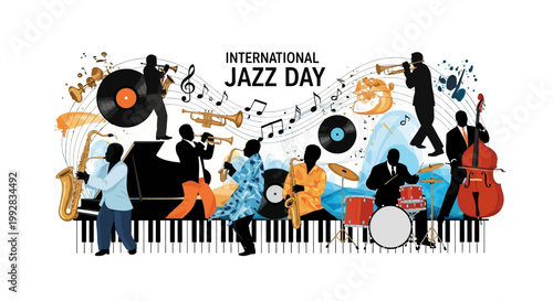 Colorful vector illustration celebrating International Jazz Day, featuring musicians playing instruments like saxophone, trumpet, piano, and drums against a white background with musical