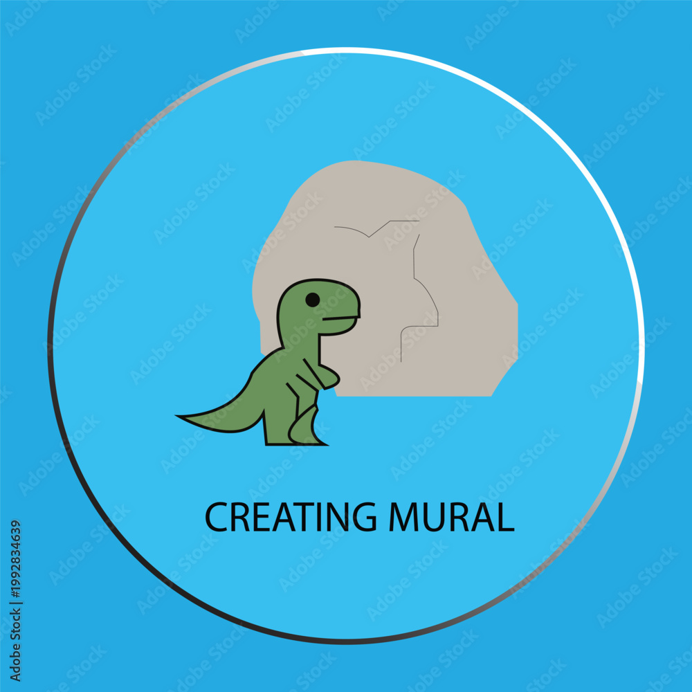 Fototapeta premium Minimalist Vector Illustration of a Cute Cartoon Dinosaur Creating a Mural on a Stone Wall