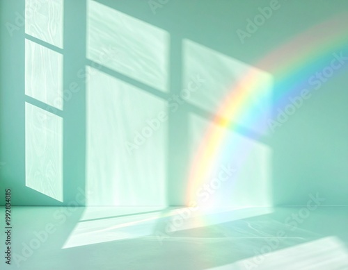 ミントグリーンの壁に映る窓の影と虹色のプリズム光が美しいミニマルな室内背景