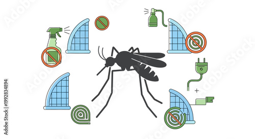 An informative health poster promoting World Malaria Day and malaria awareness showcases mosquito prevention campaign methods with a central silhouette of a mosquito, rendered in a clean