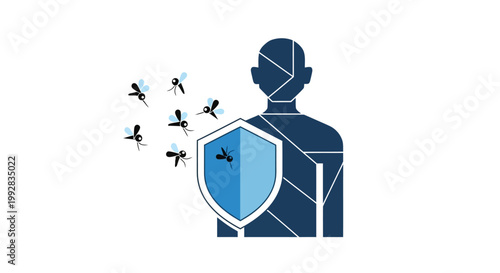 A World Malaria Day awareness poster features a stylized human figure protected by a shield from mosquitoes, emphasizing mosquito prevention and health, set against a clean white background