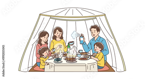 Celebrating World Malaria Day, a family is depicted dining under a mosquito net, spraying insecticide for malaria awareness and mosquito prevention in a cartoon style, set against a clean