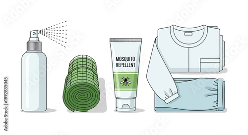 In observance of World Malaria Day, a health poster depicts mosquito prevention campaign items: a spray bottle, rolled net, repellent tube, and folded pajamas against a white backdrop