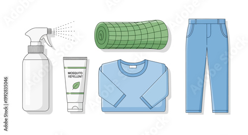 A still life promoting World Malaria Day and mosquito prevention campaign featuring a spray bottle, mosquito repellent, folded blanket, shirt, and pants against a white background, styled