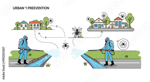 A World Malaria Day health poster depicting mosquito prevention strategies with workers spraying insecticide near urban homes to combat malaria, rendered in a clean, vector-style