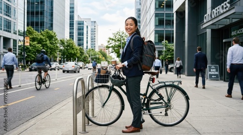A smiling Asian woman rides her bicycle down a city street. She wears a business suit and carries a coffee cup.