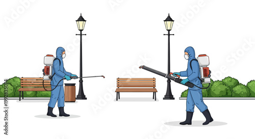 On World Malaria Day, two figures in protective suits are depicted spraying insecticide as part of a mosquito prevention campaign in a public park, a health poster illustration