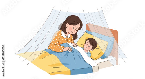 In a World Malaria Day awareness campaign, a caring mother gently tucks her sleeping child into bed under a mosquito net, emphasizing mosquito prevention, depicted in a warm, inviting