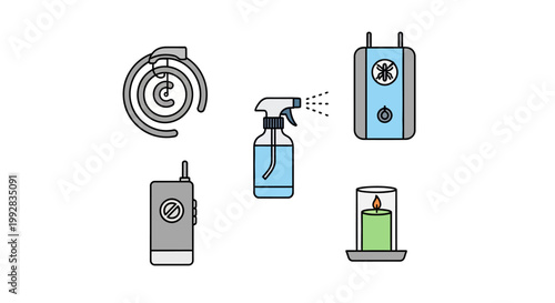 Illustrative vector art promoting World Malaria Day and mosquito prevention for a health campaign, presenting various insect repellent options against a clean white background
